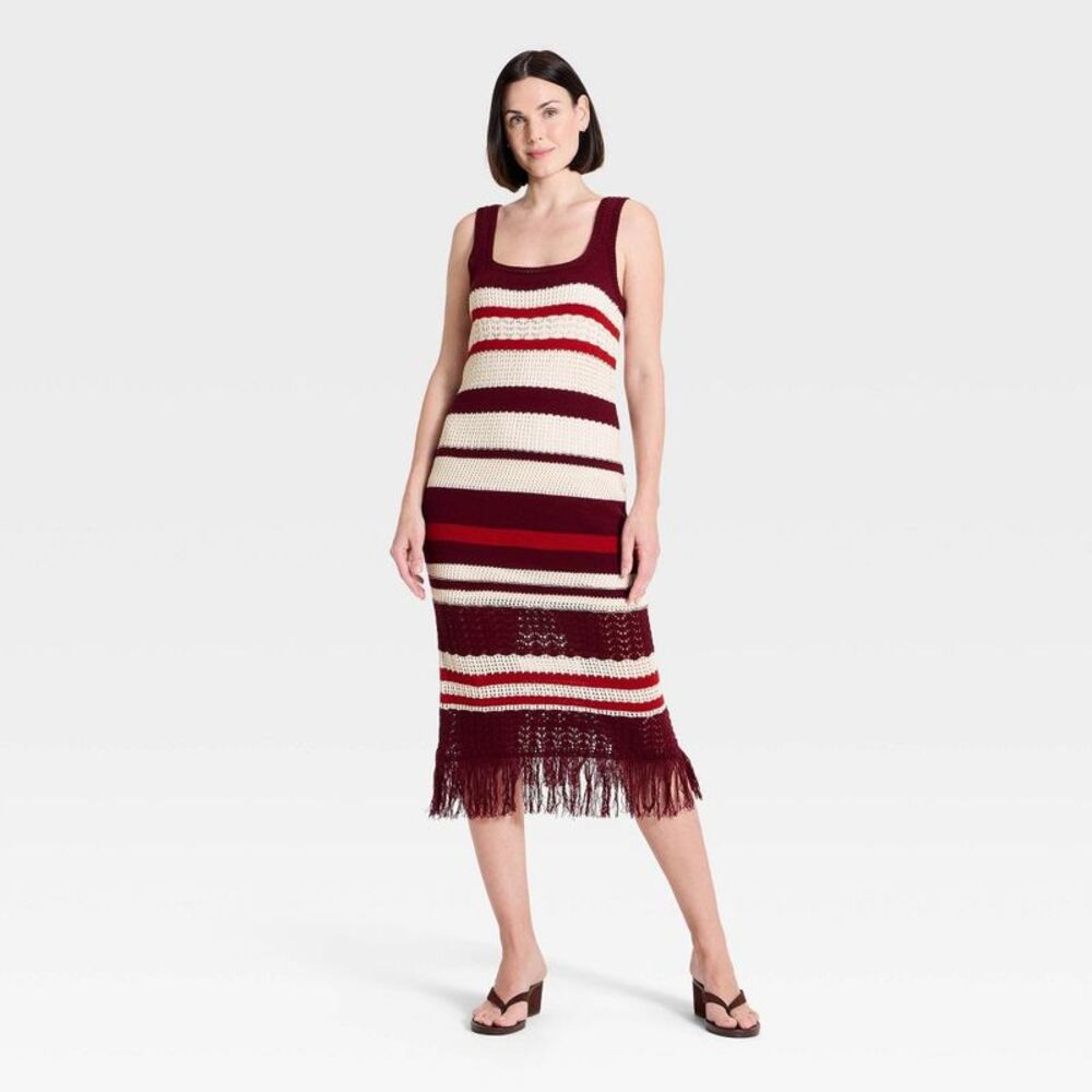 Women's Bodycon Midi Fringe Sweater Dress - A New Day Burgundy Striped S